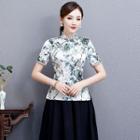 Printed Short-sleeve Hanfu Top / Midi A-line Skirt / Set