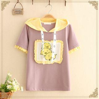Color-block Chicken Print Hooded Short-sleeve Top Purple - One Size