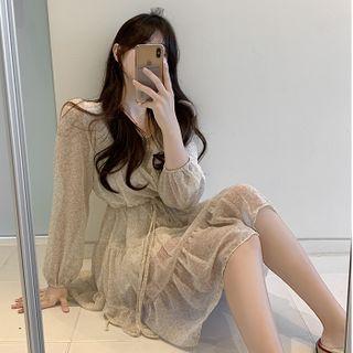 Long-sleeve Floral Tie-waist Mini A-line Dress