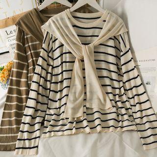 Striped Loose-fit Light Knit Top With Shawl
