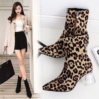 Transparent Chunky Heel Leopard Print Short Boots