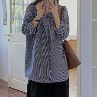 Long-sleeve Striped Blouse Stripe - Blue & White - One Size