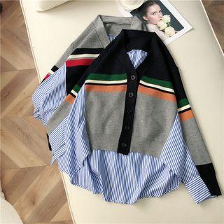 Long-sleeve Striped Paneled Buttoned Knit Top