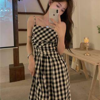 Spaghetti-strap Gingham Midi A-line Dress Gingham - Black & White - One Size