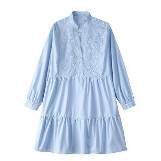 Stand Collar Embroidered Mini A-line Dress