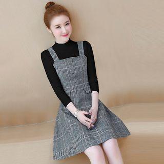 Set: Long-sleeve Mock Neck T-shirt + Sleeveless Plaid A-line Mini Dress