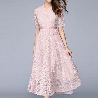 V-neck Short-sleeve Midi Lace Dress