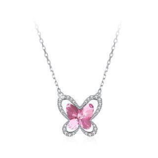 925 Sterling Silver Fashion Elegant Butterfly Necklace With Pink Austrian Element Crystal Silver - One Size