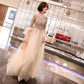 V-neck Lace Panel A-line Evening Gown