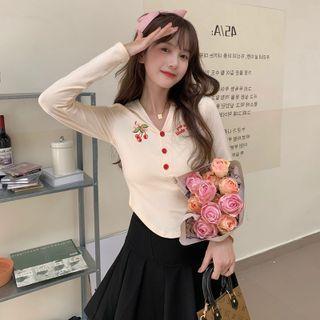 Long-sleeve Cherry Print Lettering T-shirt