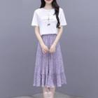Set: Short-sleeve Print T-shirt + Floral Midi A-line Skirt