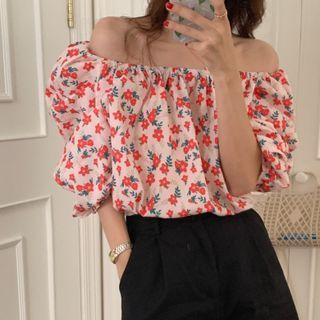Off-shoulder Floral Print Blouse Red - One Size