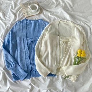 Open-front Cardigan / Strapless Ribbed Knit Top