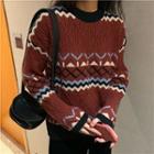 Color-block Crewneck Loose-fit Long-sleeve Cable-knit Sweater / Plain High-waist Wide-leg Pants