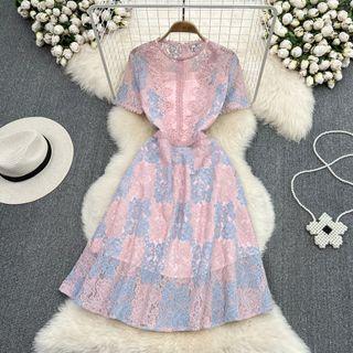 Short Sleeve Color Block Lace Dress