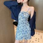 Floral Print Spaghetti-strap Mini A-line Dress / Cargo Shirt Jacket
