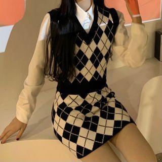 Plain Shirt / Argyle Sweater Vest / Knit Mini Skirt