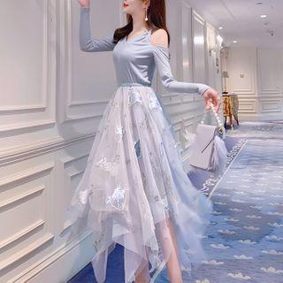 Cold-shoulder Long-sleeve Midi A-line Mesh Dress