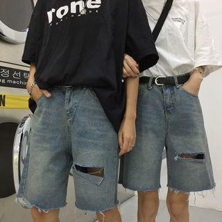 Couple Matching Cut Out Wide-leg Denim Shorts