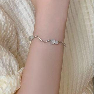 Faux Cat Eye Stone Bead Stainless Steel Bracelet White - One Size