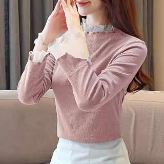 Faux Pearl Mock-turtleneck Long-sleeve Top