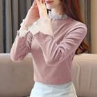 Faux Pearl Mock-turtleneck Long-sleeve Top