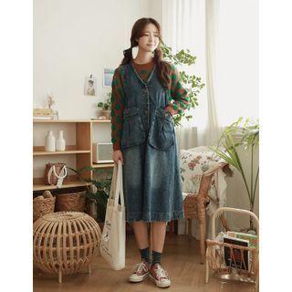 Dual-pocket Denim Jumper Dress Blue - One Size