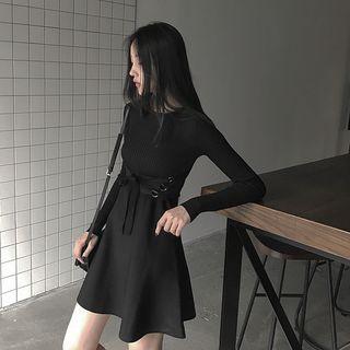 Long-sleeve Lace-up Mini A-line Knit Dress