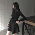 Long-sleeve Lace-up Mini A-line Knit Dress