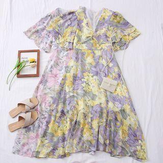 Flower-print V-neck Midi Dress With Sash