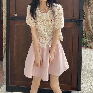 Short-sleeve Floral Print Top / Mini Skirt