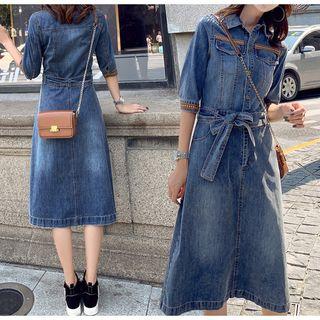 Denim Elbow-sleeve A-line Midi Dress