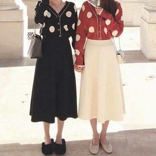 Set: Dotted Buttoned Knit Top + Midi A-line Skirt