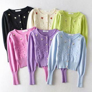 Puff Sleeve Floral Embroidery Crop Cardigan