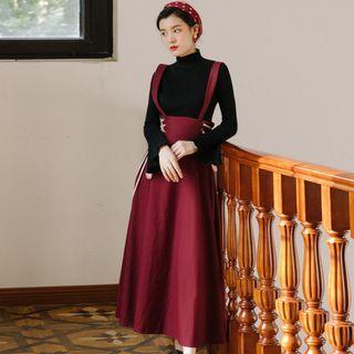 Set: Long-sleeve Turtleneck Knit Top / Lace-up Midi A-line Jumper Skirt