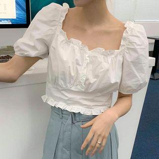 Puff-sleeve Ruffle Cropped Blouse White - One Size