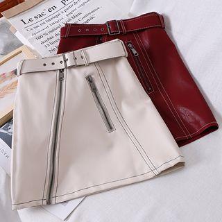 Belted Faux Leather Zip-up A-line Skirt