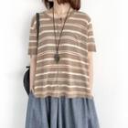 Striped Elbow-sleeve Sheer Knit Top