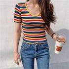 Scoop-neck Striped Knit Top Red - One Size