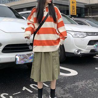 Wide Stripe Hooded Knit Top / Side Pocket Midi Skirt