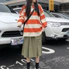 Wide Stripe Hooded Knit Top / Side Pocket Midi Skirt