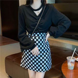 Halter-neck Ruched Long-sleeve Top / High-waist Chessboard Mini Skirt