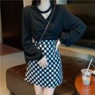 Halter-neck Ruched Long-sleeve Top / High-waist Chessboard Mini Skirt