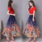 Short-sleeve Color Block Floral A-line Maxi Chiffon Dress
