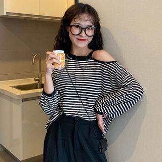 Cut Out Long-sleeve T-shirt Stripes - Black & White - One Size