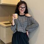 Cut Out Long-sleeve T-shirt Stripes - Black & White - One Size
