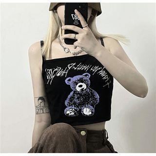 Sleeveless Bear Print Cropped Top Black - One Size