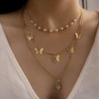 Faux Crystal Faux Pearl Alloy Butterfly Pendant Layered Necklace 15502 - Gold - One Size