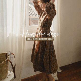 Tie-waist Floral Flared Long Dress Khaki - One Size