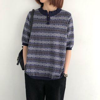 Elbow-sleeve Patterned Henley Knit Top